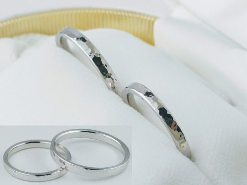 マリッジリング　Y様　素材：Pt900,ダイヤモンド シンプルなデザインのマリッジリングです。 ピカピカに磨いた半球状の小槌の先端を弱い力で叩いつけて槌目模様をつけていきました。 奥様の指輪には側面にメレダイヤを留めました。 オーダーメイド 滋賀県のお客様