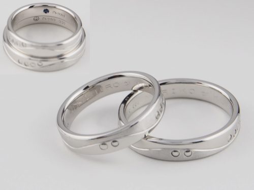 道をテーマにしたマリッジリング　T様 素材：Pt900 ご主人は車、奥様はバイクがご趣味。 その共通点はどちらも道(道路)を走るということ。 ということで、道をテーマにデザインしたマリッジリングが出来ました。 曲線は道、円はタイヤを表しています。 内側にはサファイアとメレダイヤを留めています。 大阪府のお客様
